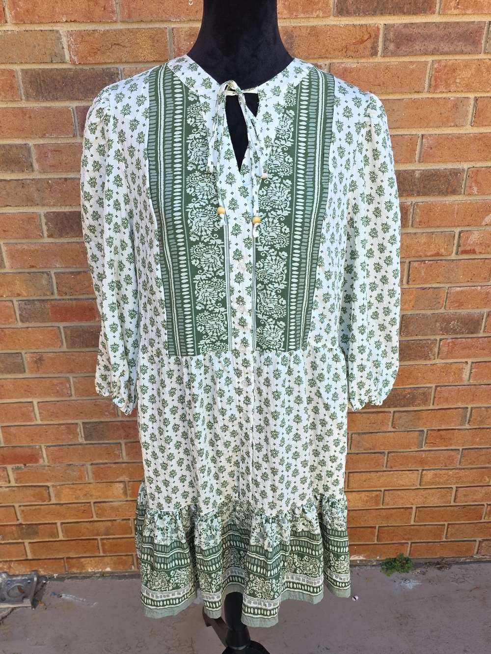 Lucky Brand White and Green Printed Tie-Neck Long Sleeve Dress Size XL